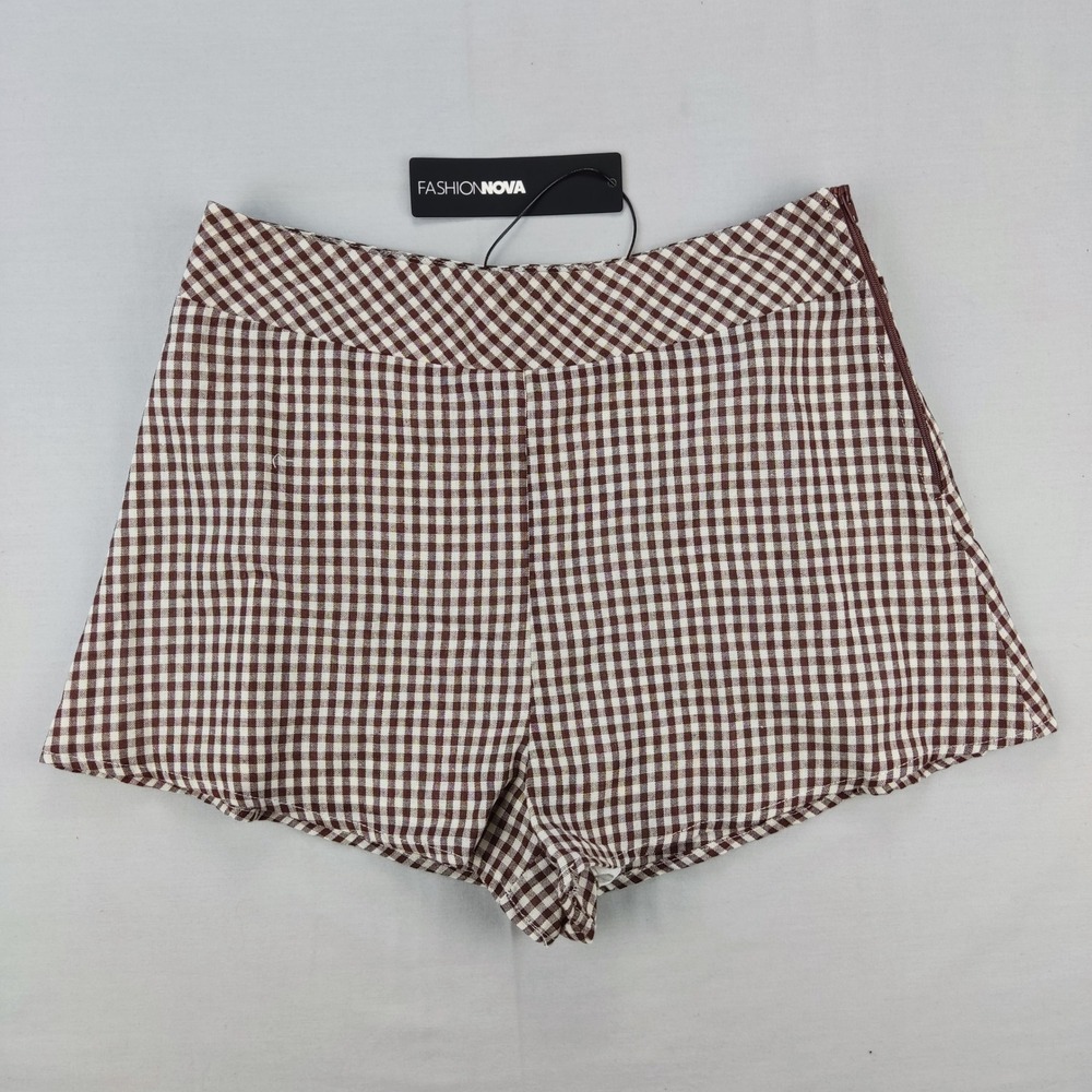 Fashion Nova Shorts‎ Womens S Brown Gingham High Waisted Side Zip Checkered NWT
